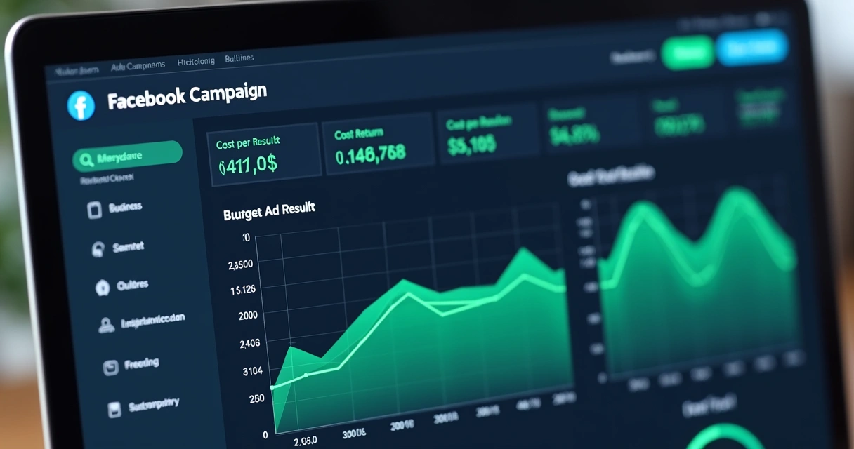Painel de controle de orçamento de campanhas no Facebook, com gráficos e números