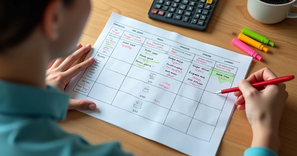 Pessoa analisando tabela impressa com anotações de despesas e calculadora ao lado 