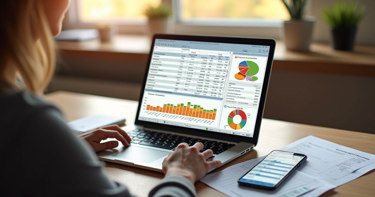 Pessoa analisando orçamento familiar com planilhas e aplicativos