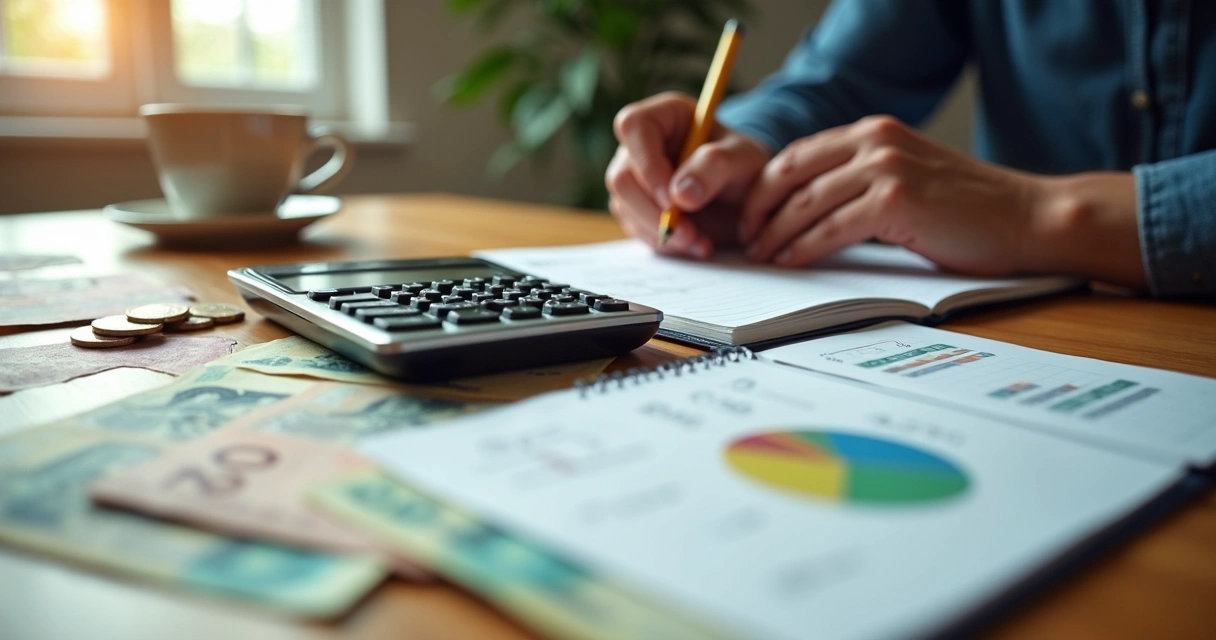Pessoa organizando orçamento mensal em caderno com caneta