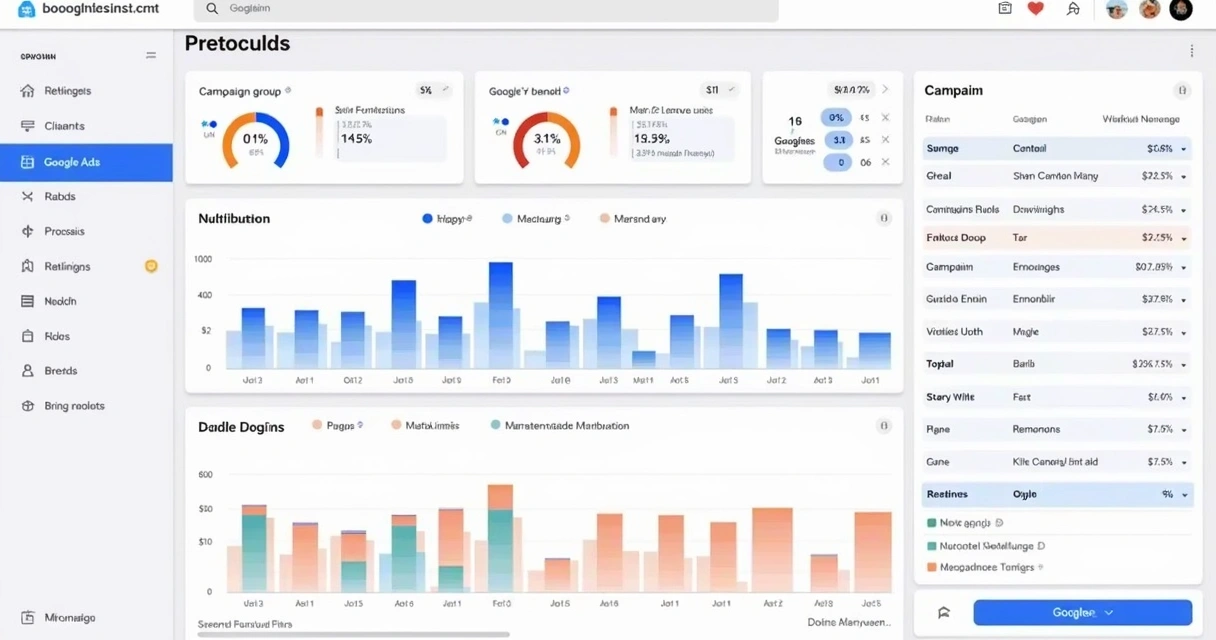 Painel mostrando controle de orçamento e grupos de campanhas para Google e Meta Ads 