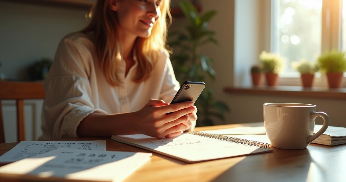 Mulher usando WhatsApp para anotar contas em mesa com recibos 