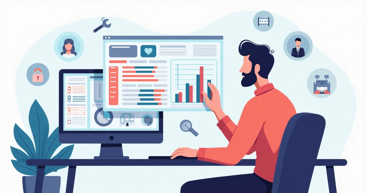 Tela de sistema de gestão de ordens de serviço e técnico analisando planilha de controle