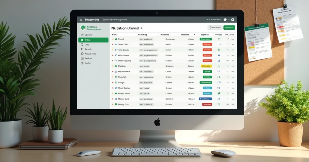 Tela de computador com lista de pacientes de uma clínica de nutrição e indicadores de acompanhamento. 