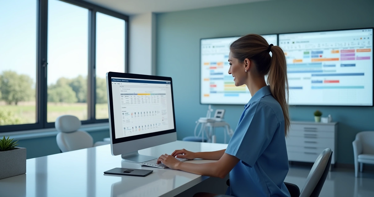 Recepcionista organizando fichas de pacientes em consultório odontológico moderno com computador e agenda digital 