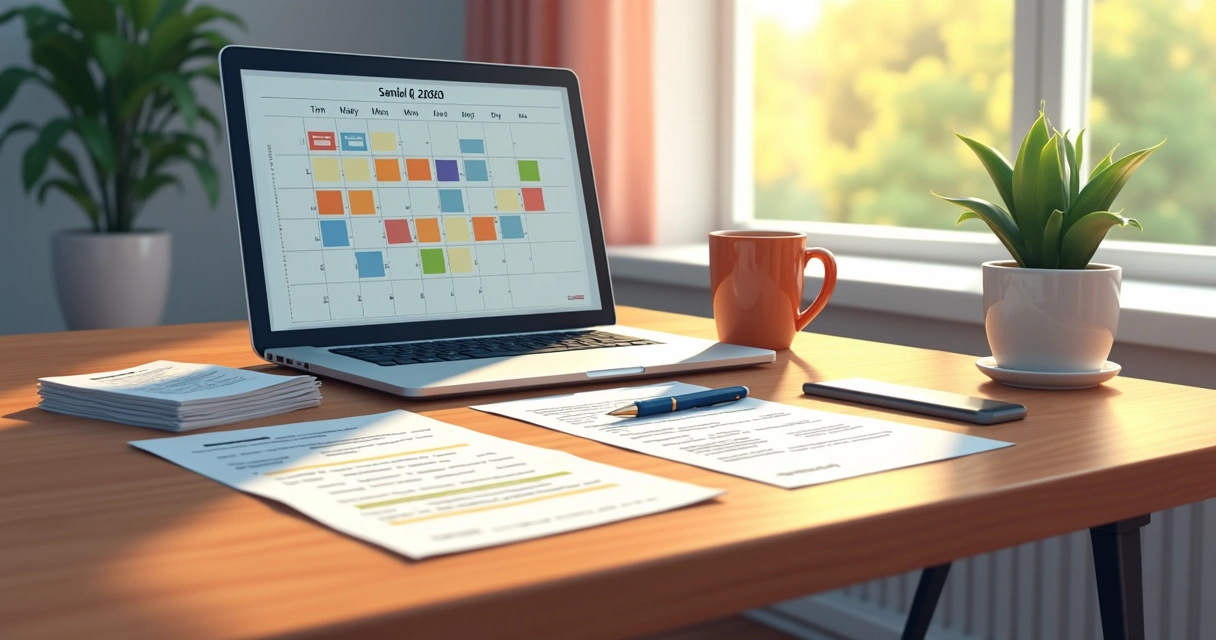 Calendário, notas e contrato organizados em mesa de freelancer