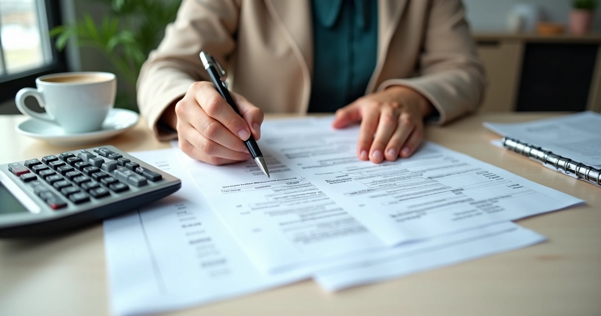 Profissional analisa faturas e notas de parcelas na mesa de trabalho 