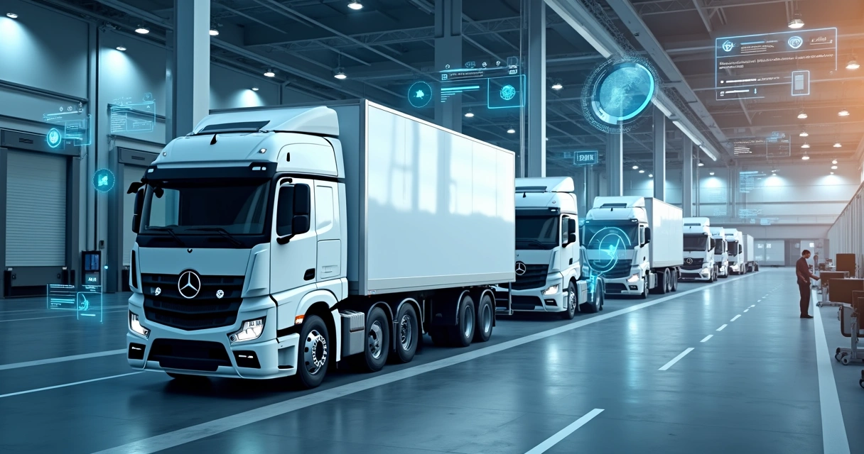 Caminhões organizados em pátio digitalizado com sistema de agendamento e monitoramento em tempo real 