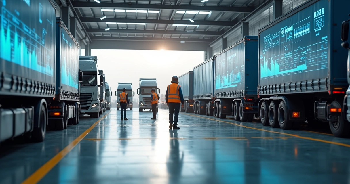 Pátio logístico com caminhões organizados, área de carga e descarga, operadores e sistema digital visível 