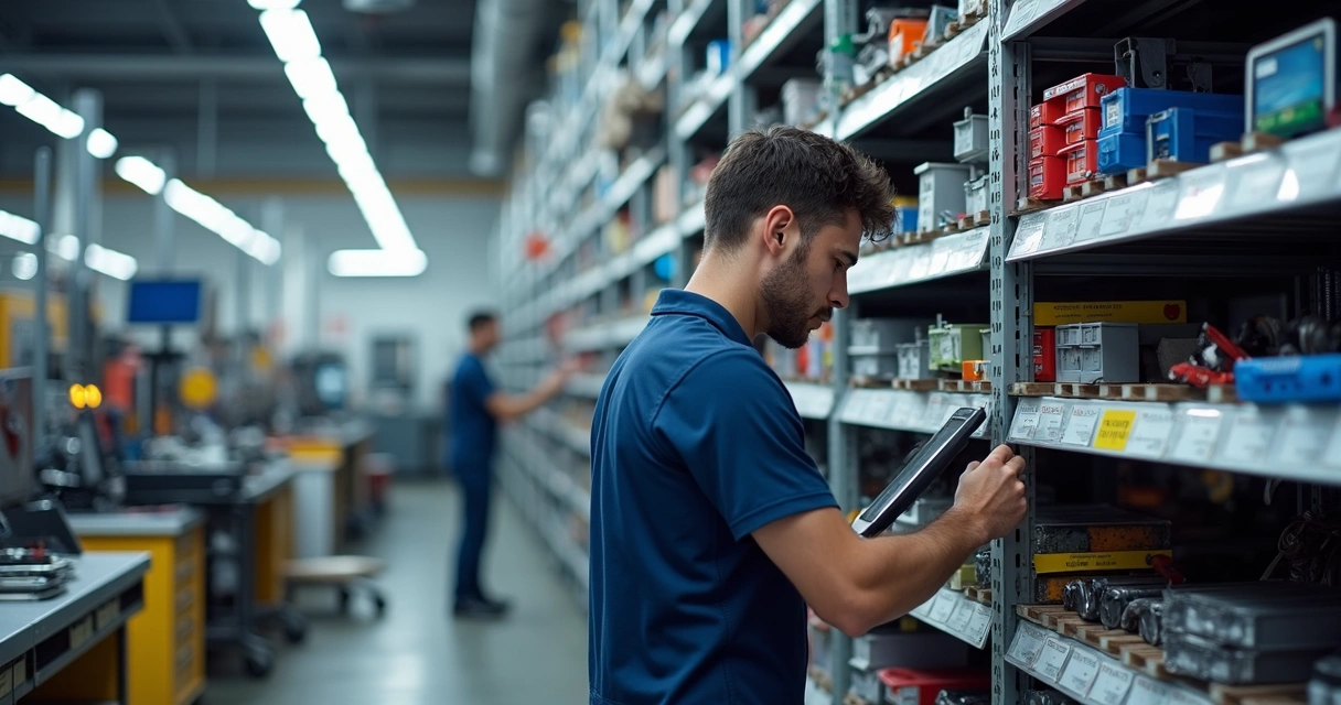 Funcionário de oficina organizando peças de reposição em prateleiras 