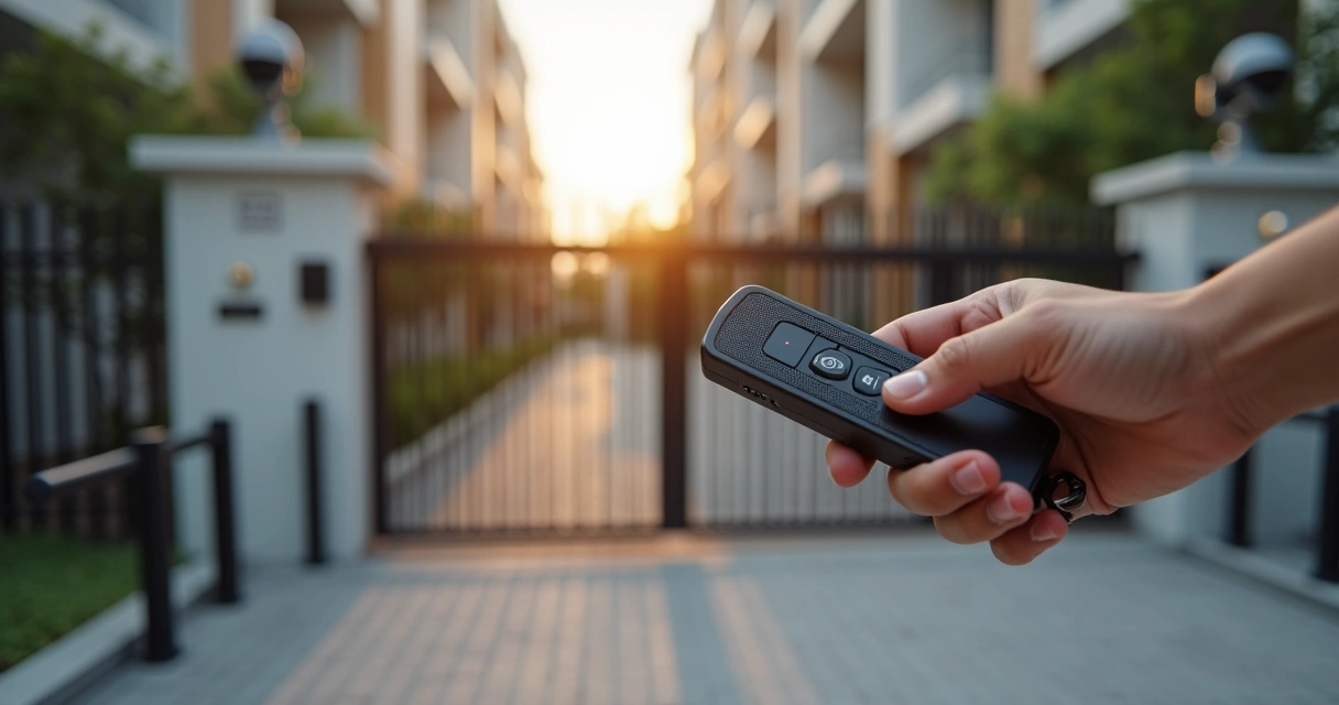 Controle remoto Peccinin sendo usado para abrir portão automático de condomínio 
