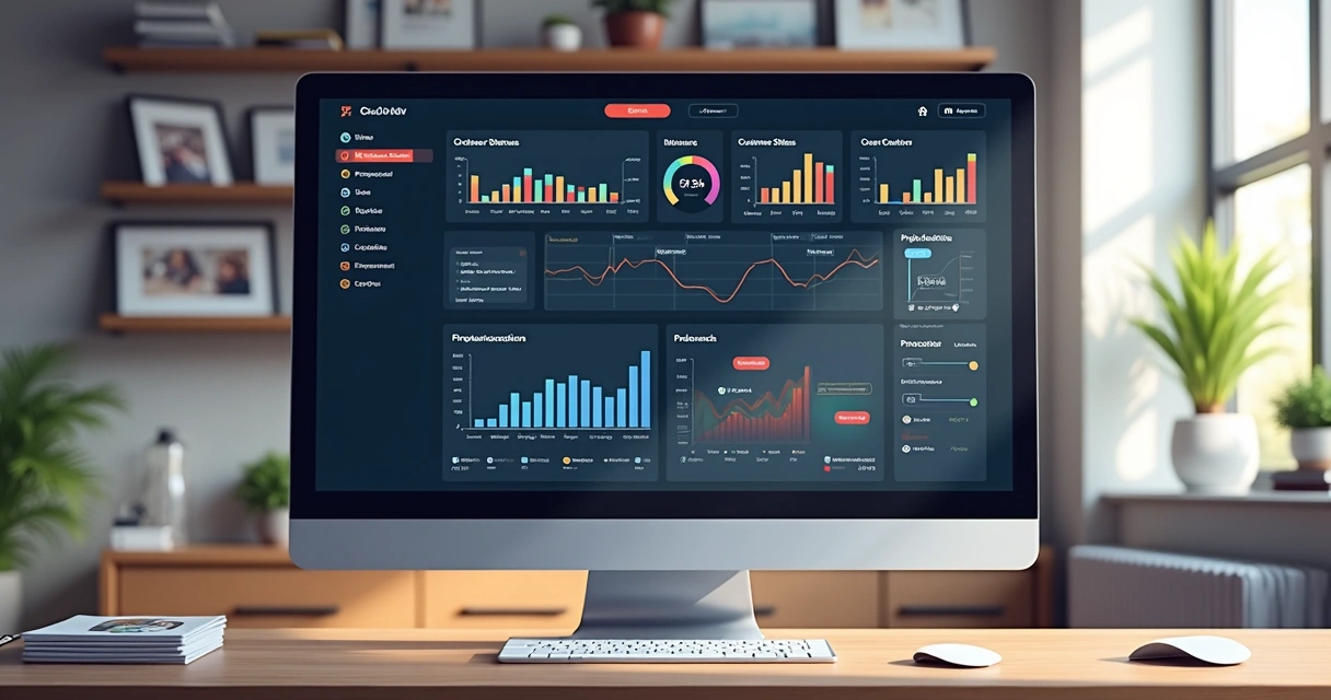 Interface de sistema mostrando o controle de pedidos de uma gráfica, com gráficos e listas.