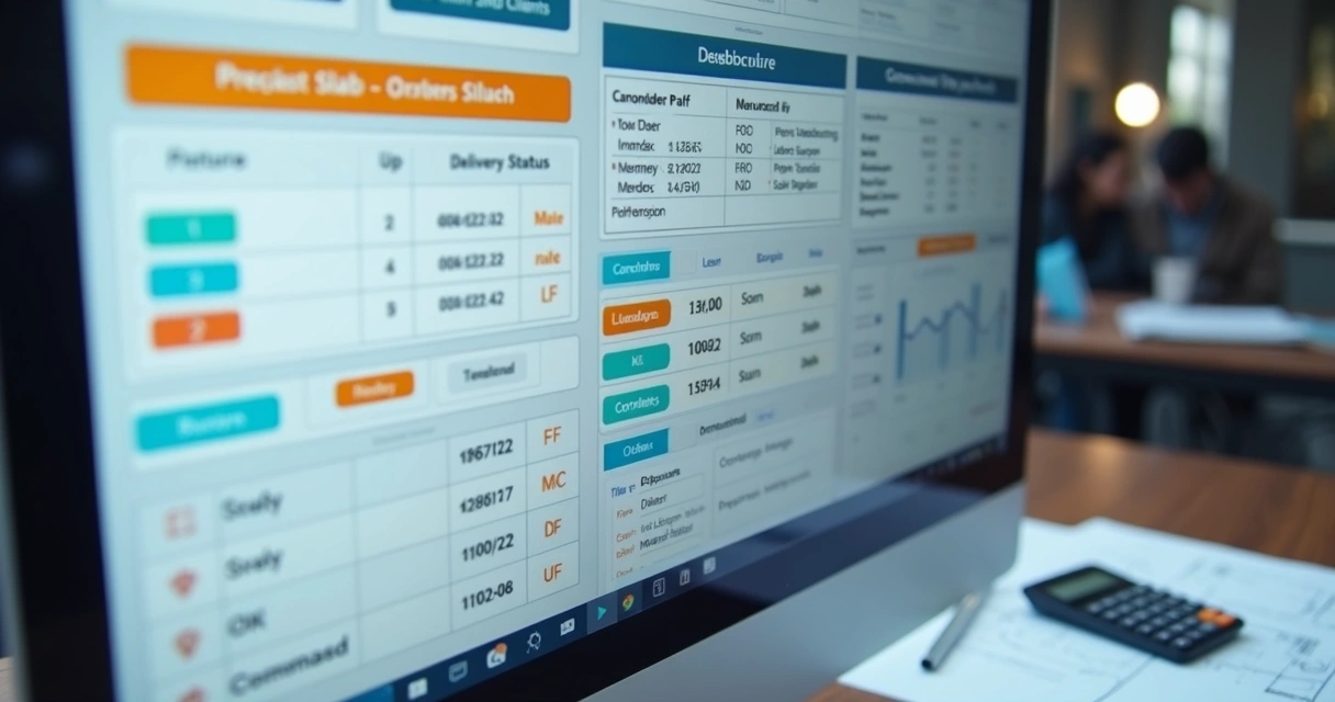 Tela de dashboard de controle de pedidos de lajes em computador 