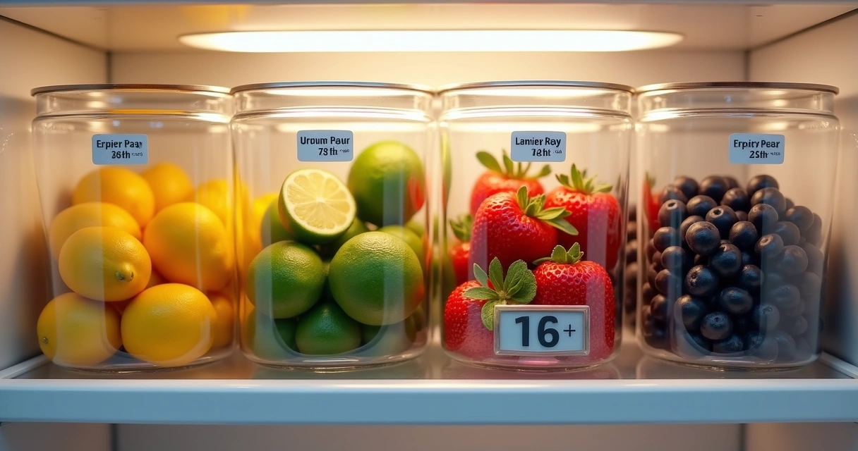 Caixas transparentes com frutas organizadas, etiquetas de validade e termômetro digital 