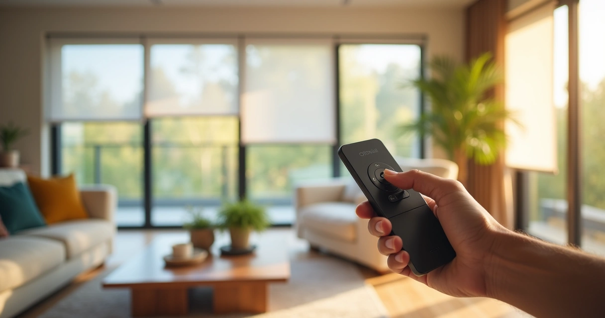 Pessoa usando controle remoto para acionar persiana automatizada em sala de estar moderna