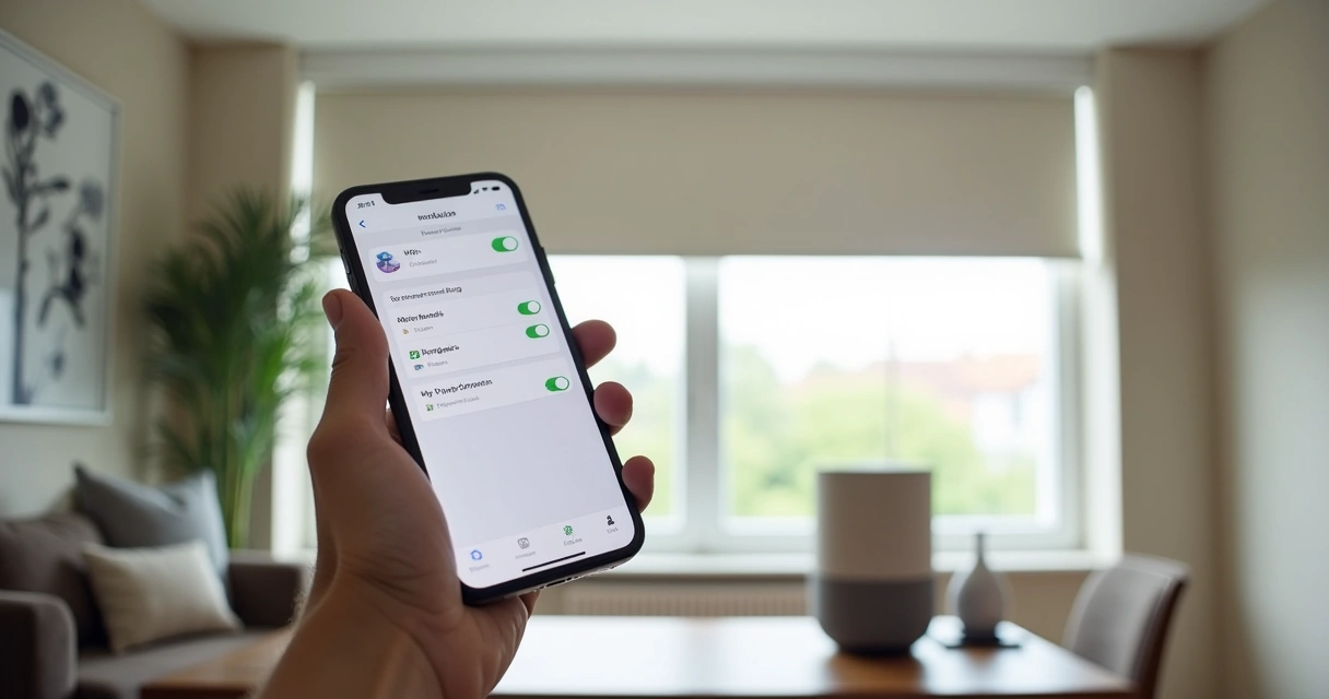 Mão segura smartphone controlando persiana automática 