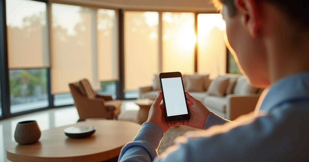 Pessoa usando aplicativo no celular para controlar persianas automatizadas na sala