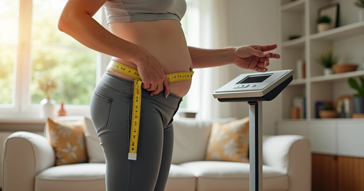 Pessoa mais velha medindo a circunferência da cintura com fita ao lado de uma balança 