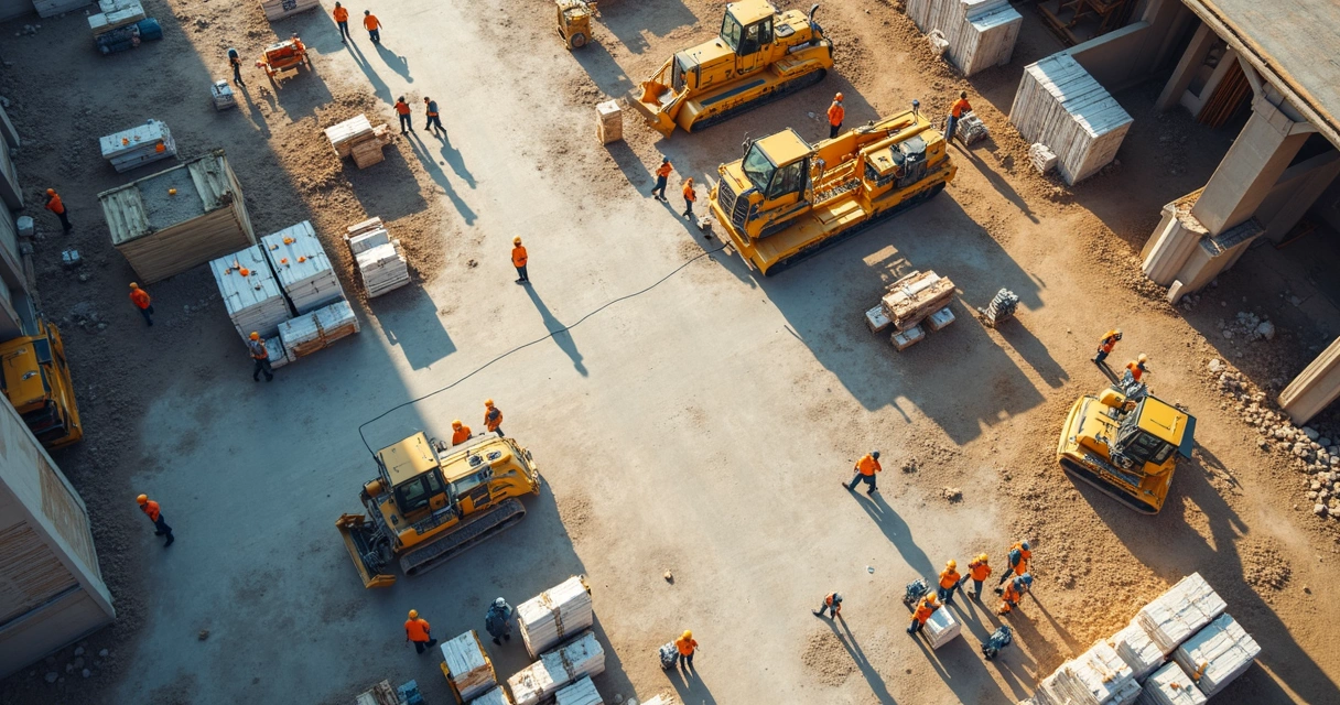 Visão aérea de canteiro de obras com pessoas, máquinas e insumos organizados 