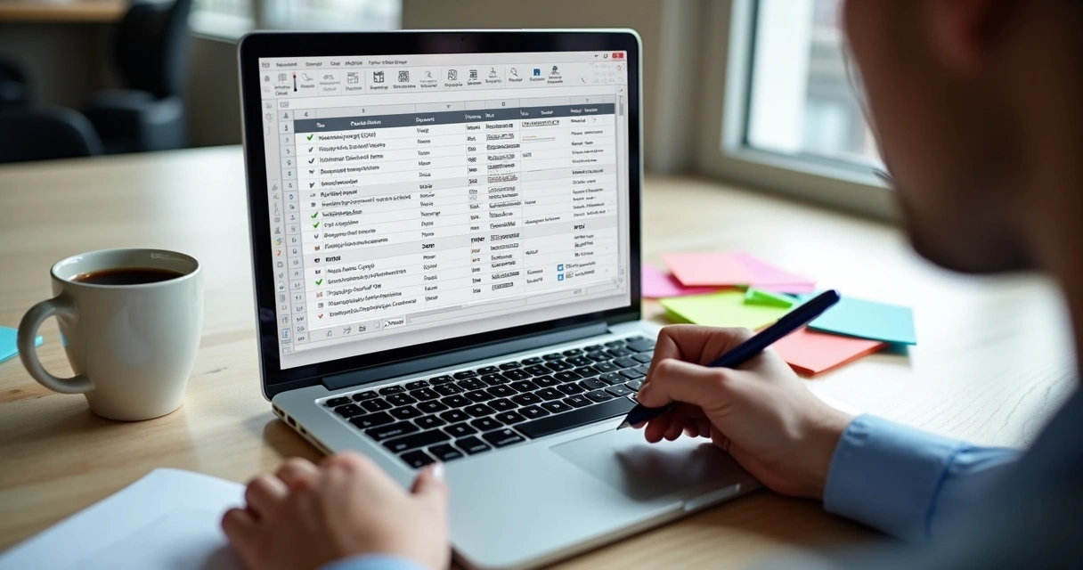Pessoa preenchendo planilha no notebook para controle de assinaturas 