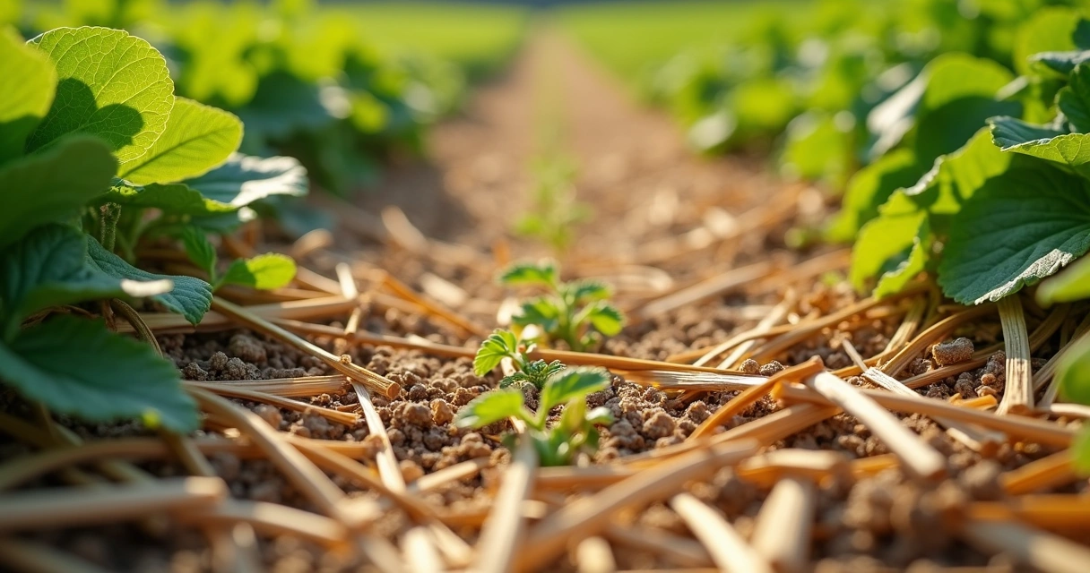 Palhada abafando plantas daninhas em lavoura 