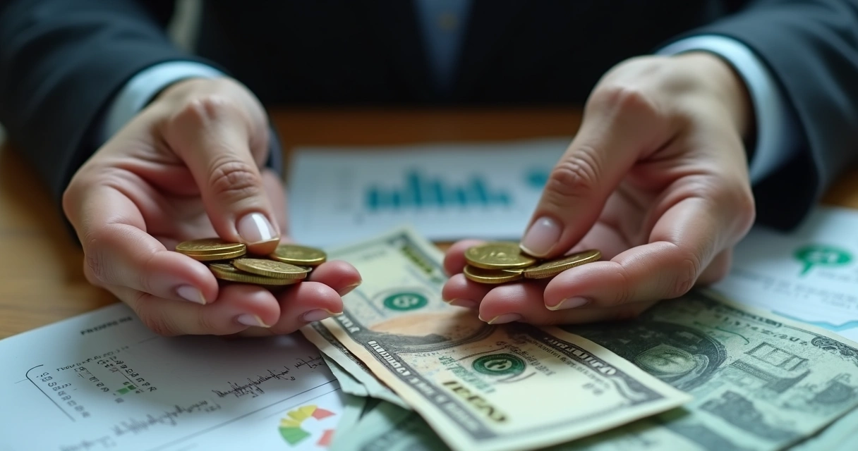 Mãos segurando moedas e cédulas com gráficos financeiros ao fundo 