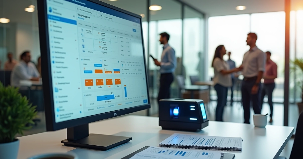 Gestor de RH analisando registro de ponto eletrônico de trabalhador intermitente em escritório moderno 