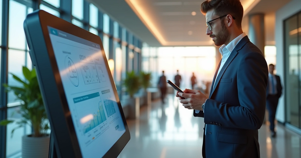 Funcionário registrando ponto via aplicativo no celular em ambiente empresarial moderno 