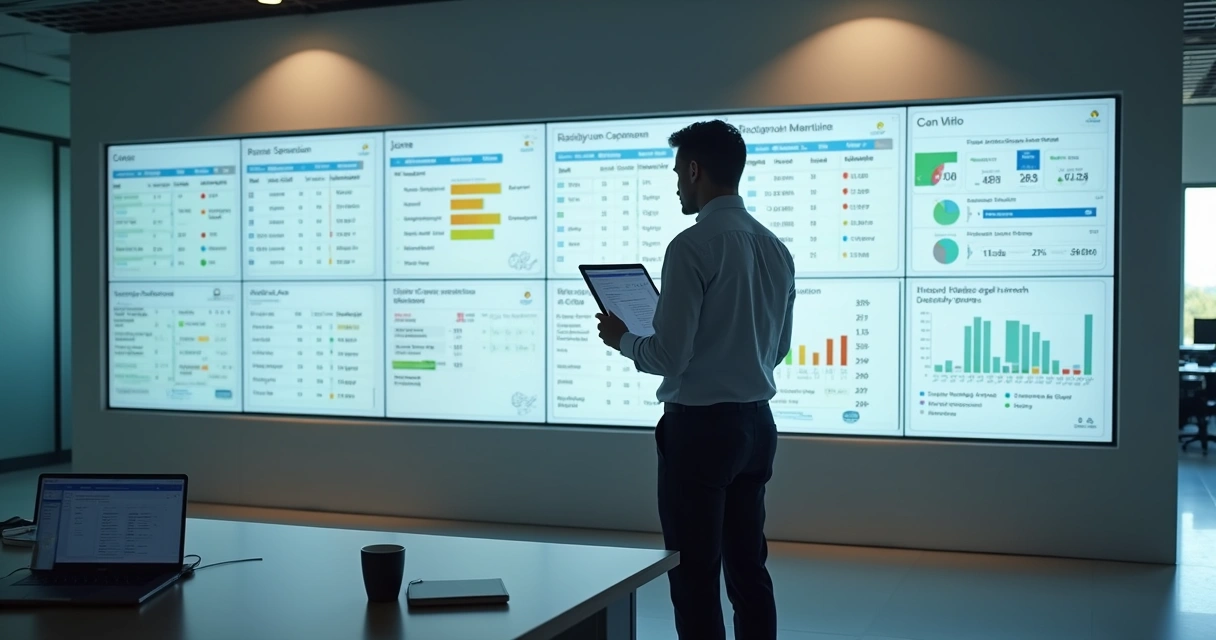 Gestor de RH analisando painel de registro de ponto digital em grande telão 