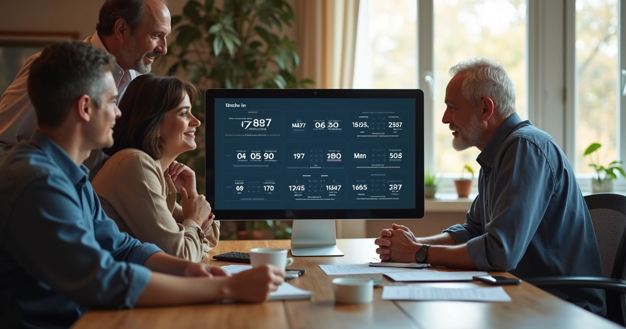 Equipe familiar reunida no escritório com sistema digital de controle de ponto na tela do computador 