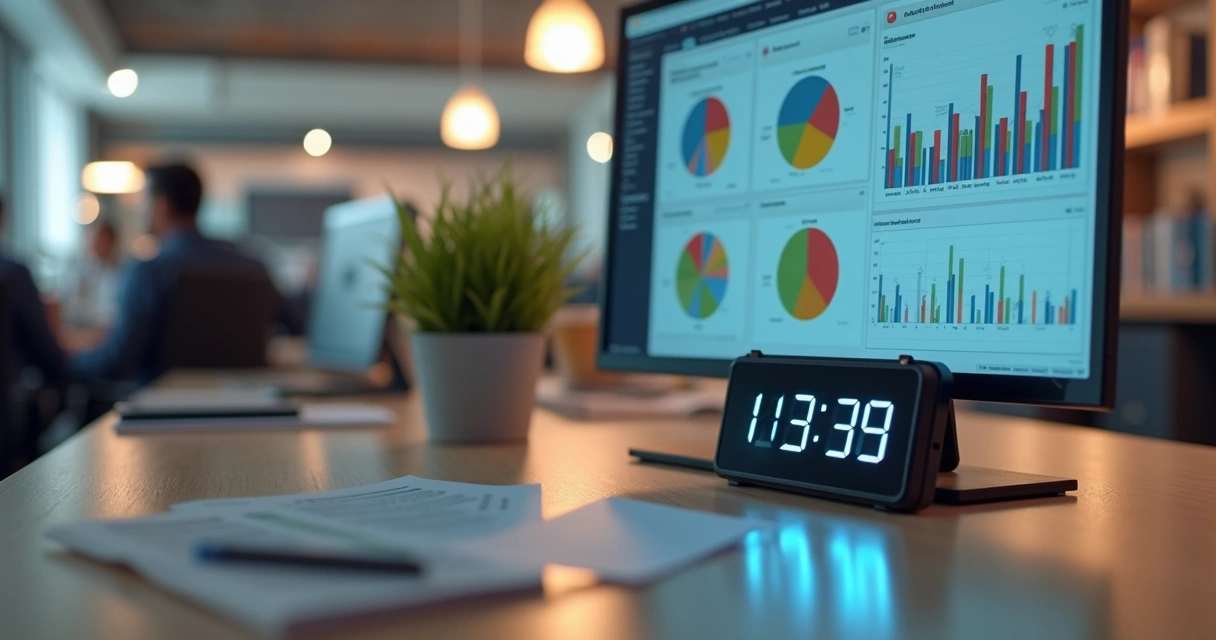 Tela de sistema de ponto digital mostrando dados de funcionários com gráficos e relógio eletrônico ao fundo 