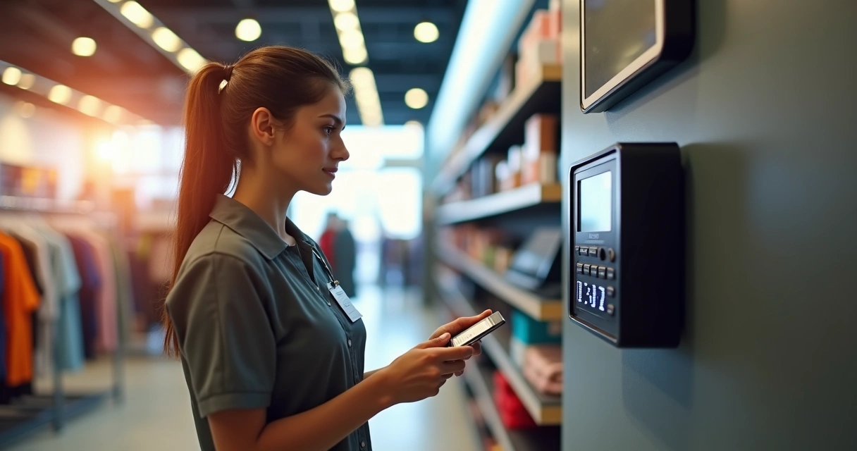 Equipamento moderno de controle de ponto eletrônico em loja de varejo com funcionária usando crachá 