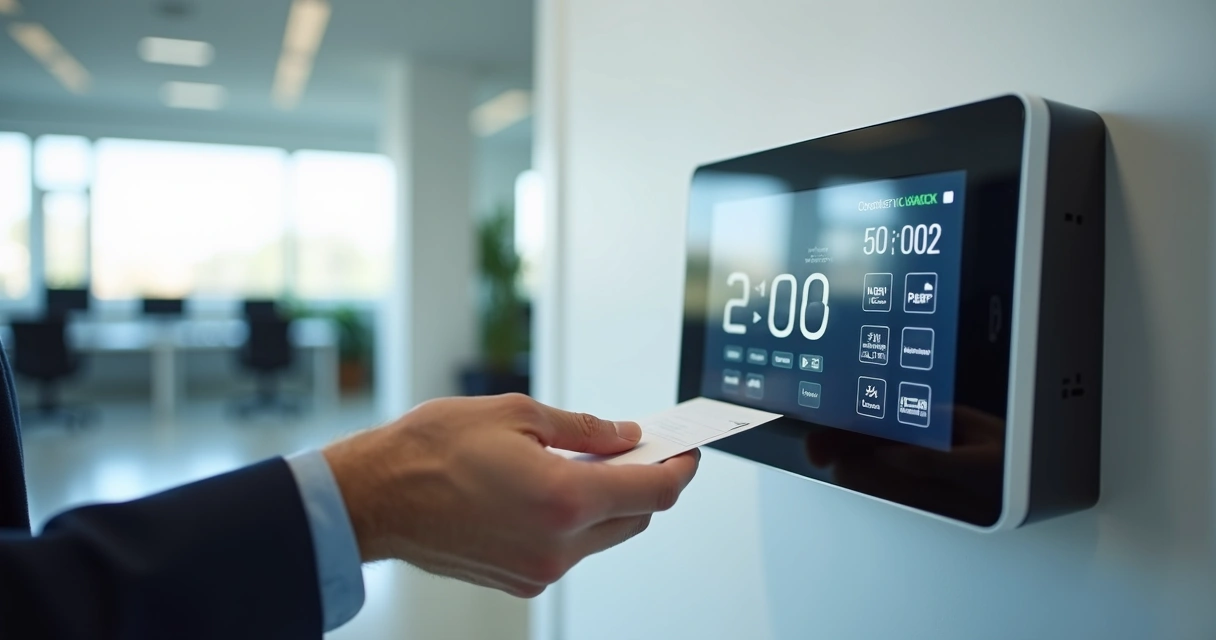 Equipamento de ponto eletrônico instalado em empresa com funcionário registrando o horário com cartão 