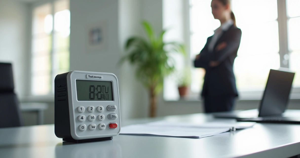 Relógio de ponto eletrônico moderno em mesa de escritório com funcionário usando uniforme ao fundo 