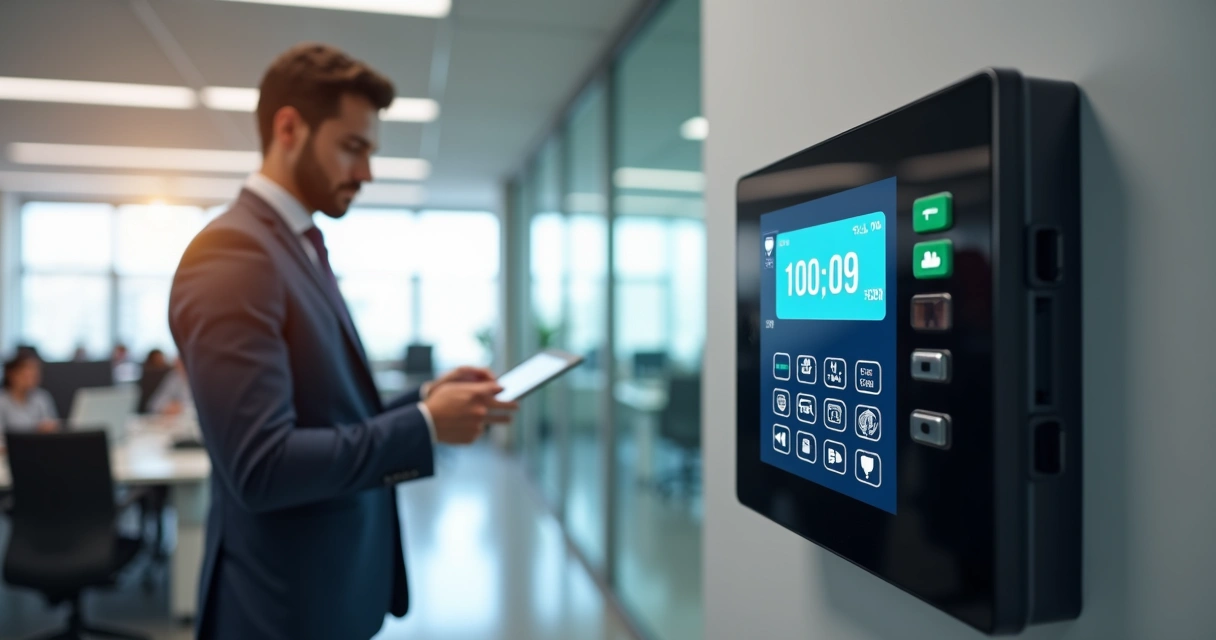 Terminal de ponto eletrônico moderno em ambiente corporativo com gestor conferindo registros 