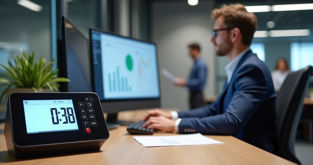 Equipamento de controle de ponto eletrônico em escritório moderno com gestor analisando dados no computador 