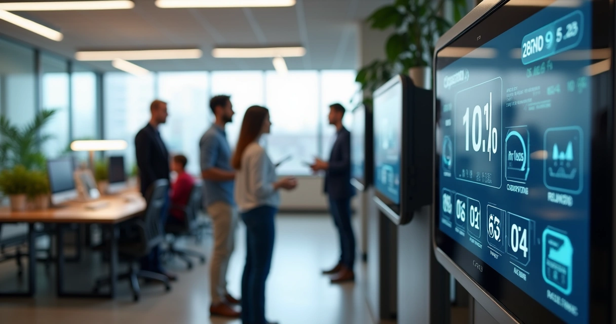 Equipamento de ponto eletrônico modernizado em uso em escritório com funcionários marcando ponto 