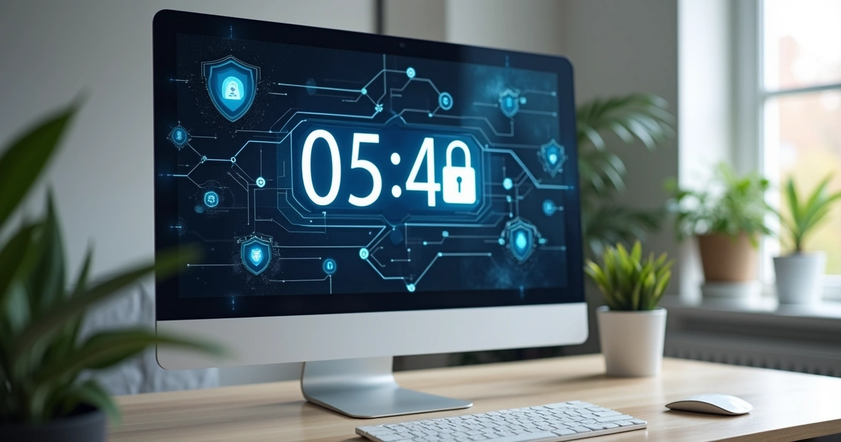 Tela de computador exibindo software de controle de ponto com detalhes de segurança digital 
