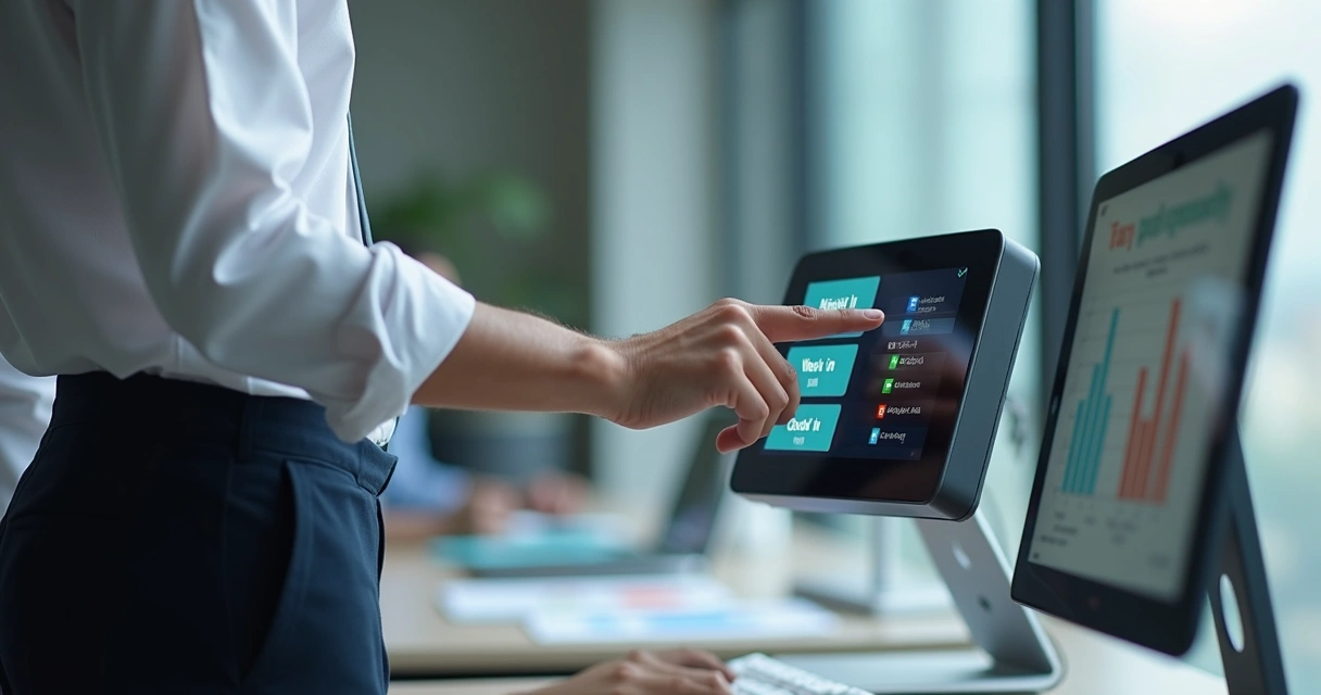 Funcionário registrando ponto eletrônico em equipamento moderno com tela colorida em ambiente de escritório claro e organizado 