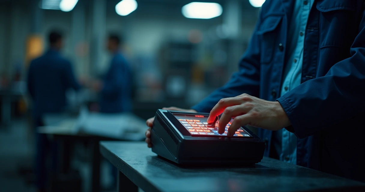 Funcionário registrando ponto eletrônico durante turno noturno com relógio digital e ambiente escuro 