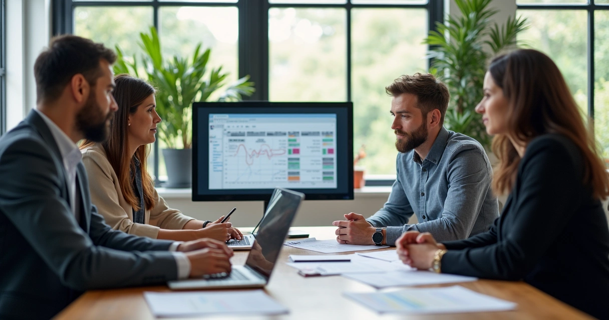Reunião de equipe de RH analisando dados de controle de ponto eletrônico em laptop e documentos na mesa 