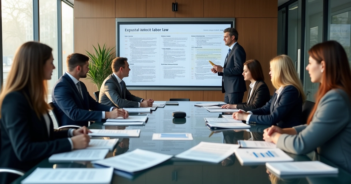 Executivos em uma sala de reuniões com papéis, analisando regras trabalhistas 