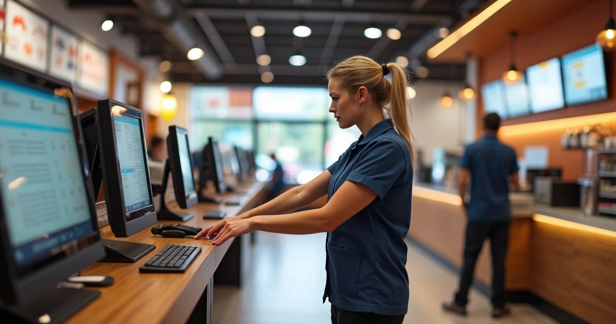 Funcionário usando relógio de ponto eletrônico em uma franquia 