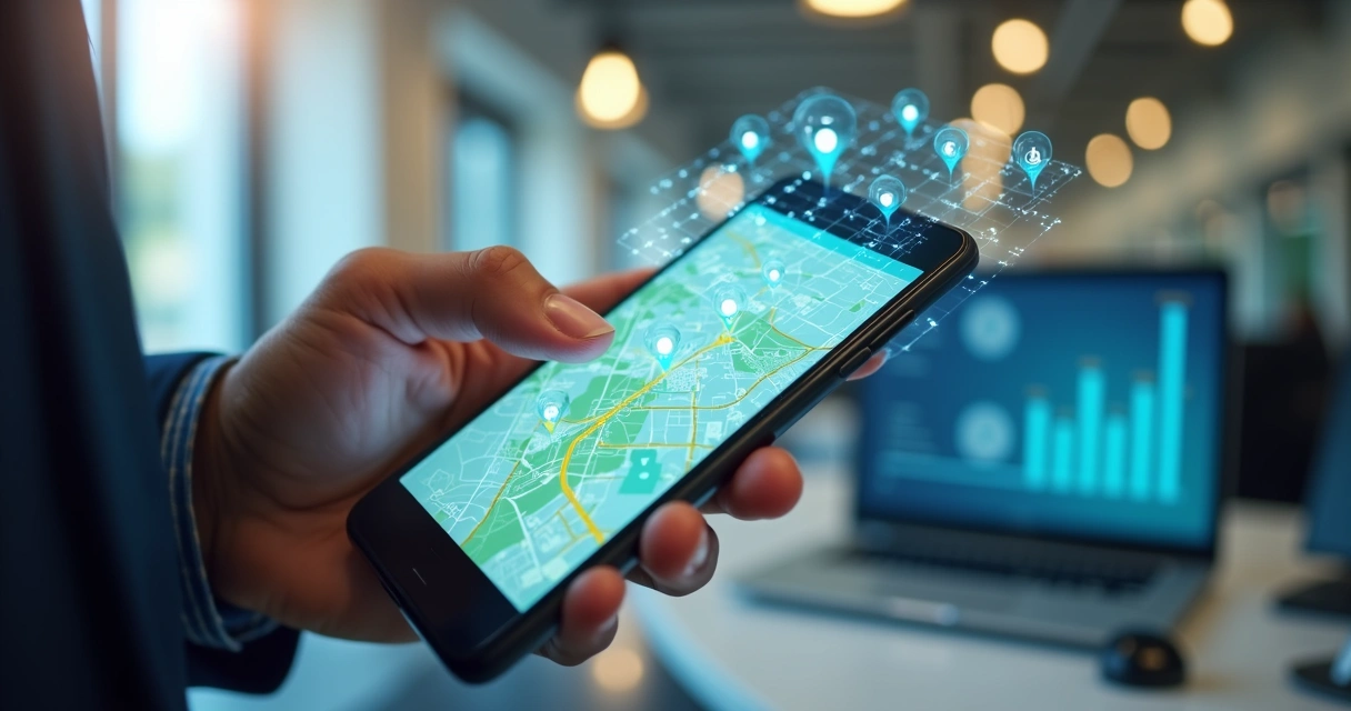 Pessoa registrando ponto eletrônico com smartphone mostrando mapa de geolocalização em tela 
