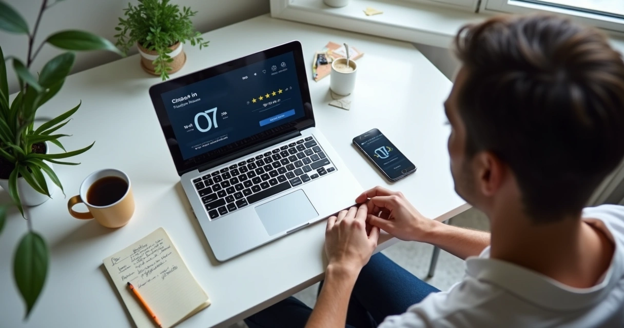 Vista superior de pessoa trabalhando ao notebook em casa com aplicativo de ponto aberto