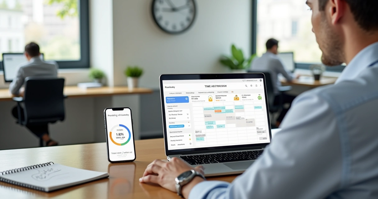 Gestor analisando controle de ponto eletrônico com horários flexíveis na tela do notebook 