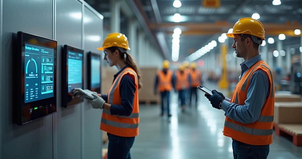 Supervisor em fábrica usando tablet para conferir controle de ponto dos funcionários 