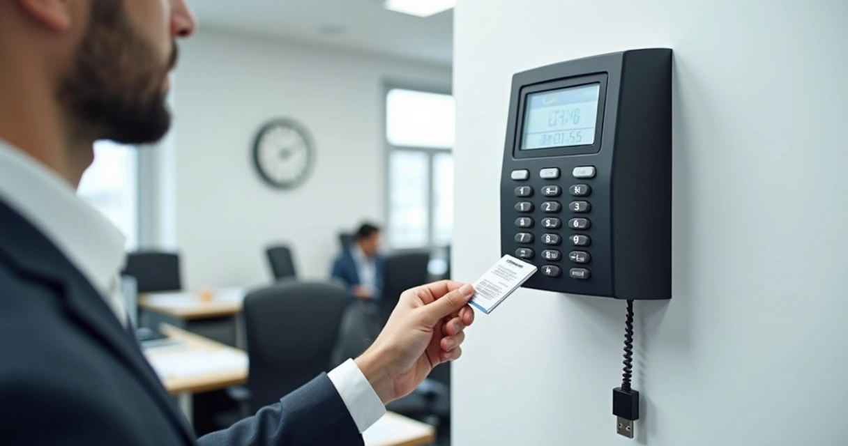 Equipamento de ponto eletrônico sendo acessado por colaborador