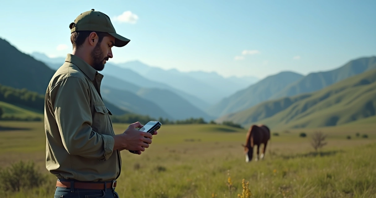 Funcionário usando dispositivo móvel para registro de ponto eletrônico off-line em área remota com paisagem natural e montanhas ao fundo 
