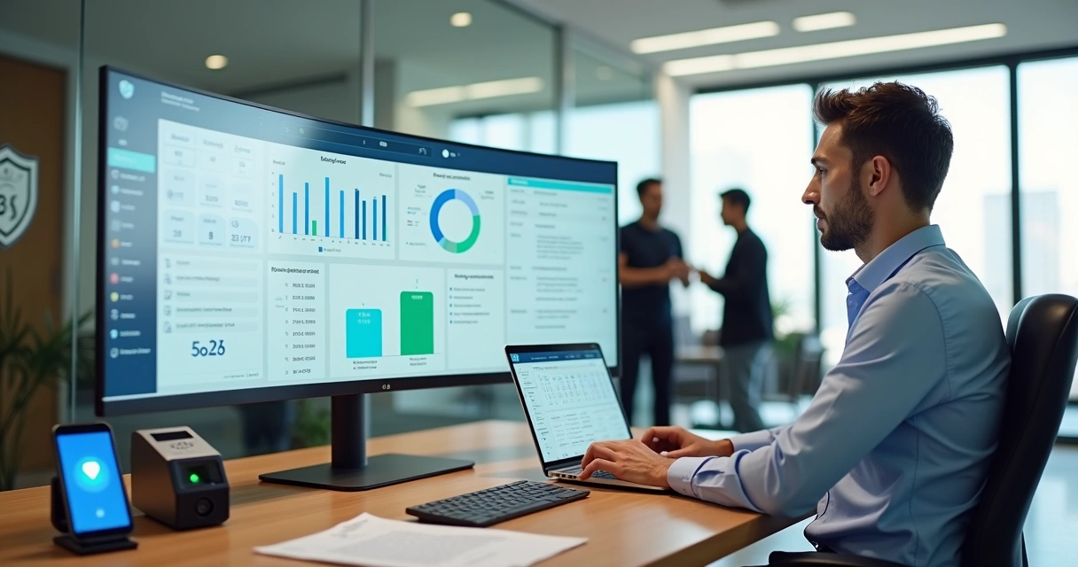 Gestor analisando sistema de controle de ponto online em tela com colaboradores ao fundo 